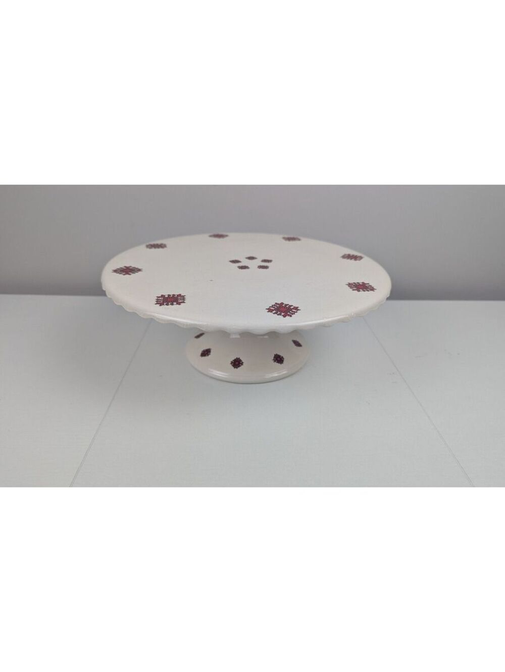 Vintage Handcrafted Ceramic Cake Stand  Ukrainian Stitch Folk Art Pattern